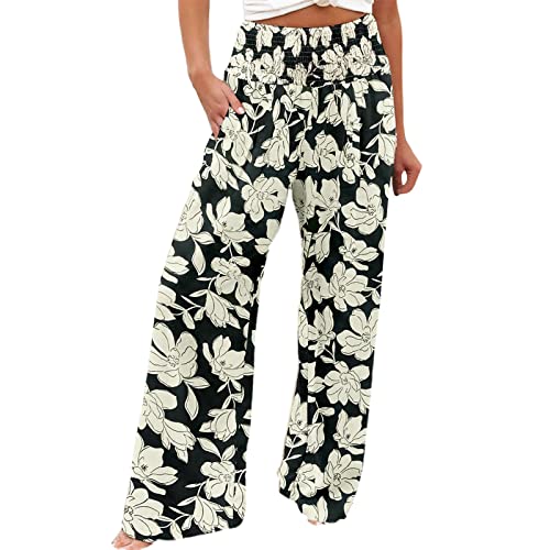 Sommer Leinenhose Damen Leichte Weite Hose Boho Sommerhose Hohe Taille Bequem Stoffhose Casual Einfarbig Freizeithose Baumwolle Leinen Palazzo Hosen mit Taschen Sporthose Frauen von Generic