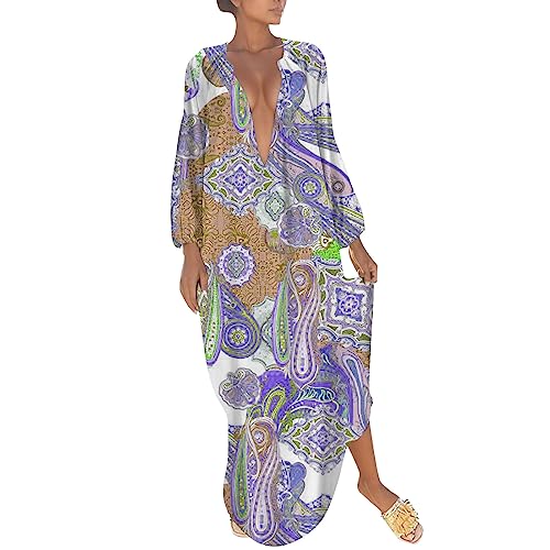 Sommer Maxikleid Damen Sommerkleider Strandkleid Freizeitkleid Elegante Boho Druck Lange Lose Oversize Kleid V-Ausschnitt Maxikleider Kleid Lang Blumen Strandponcho (03-Purple, L) von Generic