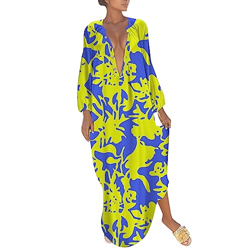 Sommer Maxikleid Damen Sommerkleider Strandkleid Freizeitkleid Elegante Boho Druck Lange Lose Oversize Kleid V-Ausschnitt Maxikleider Kleid Lang Blumen Strandponcho (04-Yellow, XL) von Generic