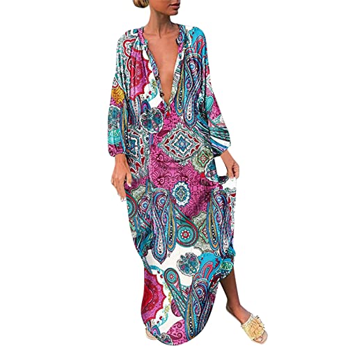 Sommer Maxikleid Damen Sommerkleider Strandkleid Freizeitkleid Elegante Boho Druck Lange Lose Oversize Kleid V-Ausschnitt Maxikleider Kleid Lang Blumen Strandponcho von Generic