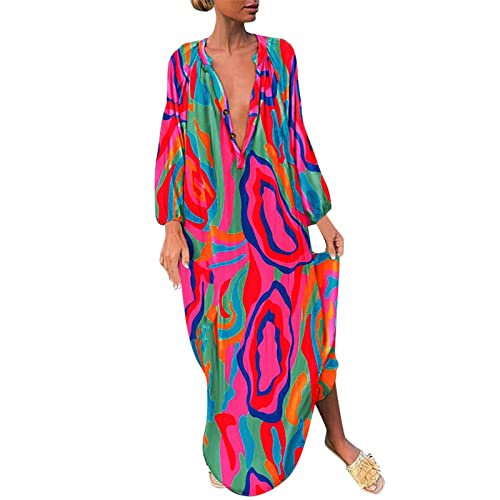 Sommer Maxikleid Damen Sommerkleider Strandkleid Freizeitkleid Elegante Boho Druck Lange Lose Oversize Kleid V-Ausschnitt Maxikleider Kleid Lang Blumen Strandponcho von Generic