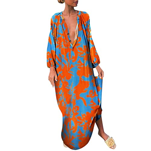 Sommer Maxikleid Damen Sommerkleider Strandkleid Freizeitkleid Elegante Boho Druck Lange Lose Oversize Kleid V-Ausschnitt Maxikleider Kleid Lang Blumen Strandponcho von Generic