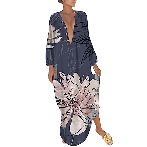 Sommer Maxikleid Damen Sommerkleider Strandkleid Freizeitkleid Elegante Boho Druck Lange Lose Oversize Kleid V-Ausschnitt Maxikleider Kleid Lang Blumen Strandponcho von Generic