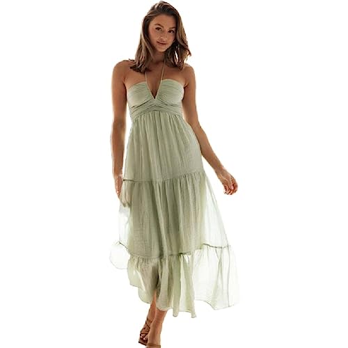 Sommer-Neckholder-Maxi-Kleider für Damen, ärmellos, lässig, einfarbig, mehrlagig, Strand, fließend, langes Kleid, Outfits, Neckholder-Kleid, grün, Medium von Generic