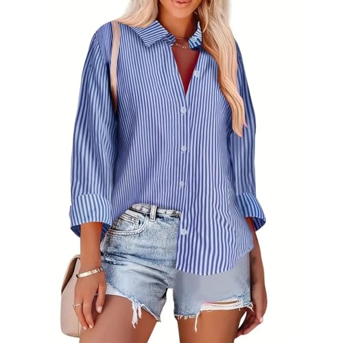 Sommer Oberteile Damen Leinenbluse Damen Elegant Langarm Streifenbluse Hemden Basic Tops Casual Büro Arbeit Blusen Baumwolle Hemd Oberteile L B Blue von Generic