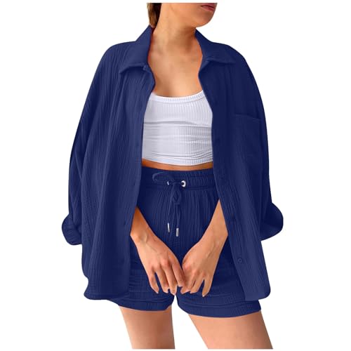 Sommer Outfit Damen,Zweiteiler Damen Sommer,Zweiteiler Damen Elegant Sommer Musselin Bluse Hemd und Shorts Clothes Aesthetic Zweiteiler Lounge Set Strand Outfit Set Two Piece Set Women,blau,M von Generic