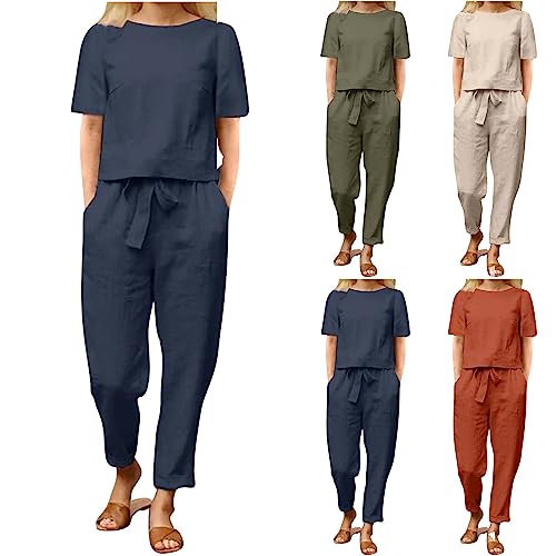 Sommer Outfits Damen Hosenanzug Kurzarm Tshirt und Lang Hose Freizeitanzug Einfarbig 2 Teilig Sportlich Casual Loungewear Modische Rundhals Oberteile Sportswear blitzangebote des tages von Generic