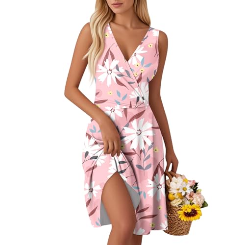 Sommer Outfits Damen Sommerkleid Ärmellos Freizeit Kleider Blumenkleid mit V-Ausschnitt Casual Strandkleid Midi Kleid Lose A-Linie Kleider Elegant Freizeitkleid für Strand Urlaub C Pink M von Generic