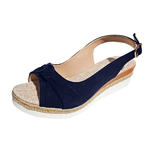 Sommer-Sandalen Damen Keilabsatz mit Schleifenverzierung offene Zehen elegante Schnalle robuste Plateausohle bequeme Freizeitschuhe modische Sommerschuhe (Blue, 38) von Generic