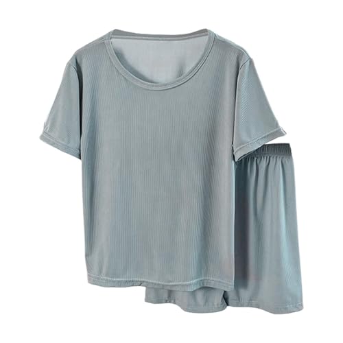 Sommer Schlafanzug Mädchen Bekleidung Pyjama Set Jungen Casual Loose Kurzarm T-Shirt und Shorts Mit Weitem Bein Sets Weich Atmungsaktiv Kinder Hauskleidung Set Teenager (Blue, 12-13 Years) von Generic