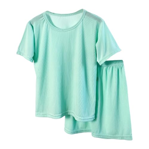 Sommer Schlafanzug Mädchen Bekleidung Pyjama Set Jungen Casual Loose Kurzarm T-Shirt und Shorts Mit Weitem Bein Sets Weich Atmungsaktiv Kinder Hauskleidung Set Teenager (Green, 10-11 Years) von Generic
