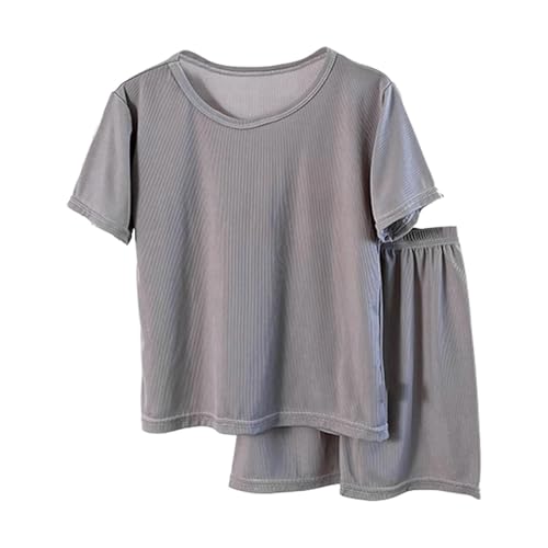 Sommer Schlafanzug Mädchen Bekleidung Pyjama Set Jungen Casual Loose Kurzarm T-Shirt und Shorts Mit Weitem Bein Sets Weich Atmungsaktiv Kinder Hauskleidung Set Teenager (Grey, 12-13 Years) von Generic