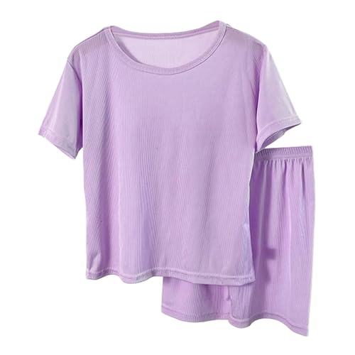 Sommer Schlafanzug Mädchen Bekleidung Pyjama Set Jungen Casual Loose Kurzarm T-Shirt und Shorts Mit Weitem Bein Sets Weich Atmungsaktiv Kinder Hauskleidung Set Teenager (Purple, 12-13 Years) von Generic