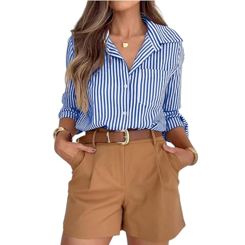Sommer Set Damen Leinenbluse Damen Elegant Langarm Streifenbluse Hemden Basic Tops Casual Büro Arbeit Blusen Baumwolle Hemd Oberteile XXL A Blue von Generic