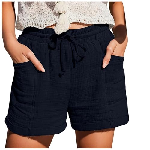 Sommer Shorts Damen Leinen Baumwolle Elastische Taille Mit Kordelzug Mit Taschen Freizeit Kurze Hose Mode Leichte Bequeme Beinhose Lockere Weich Stoffhose Luftige Einfarbig Beach Urlaub Sport Shorts von Generic