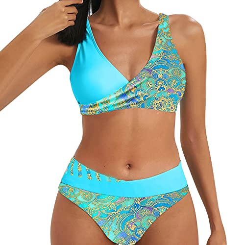 Sommer Strand Badeanzug Schwimmen Sport BH mit Shorts Unterteil Damen Bedruckt Zweiteiliger Bikini Set Sexy Damen Brasilianischer Badeanzug Bademode, blau, 50 von Generic