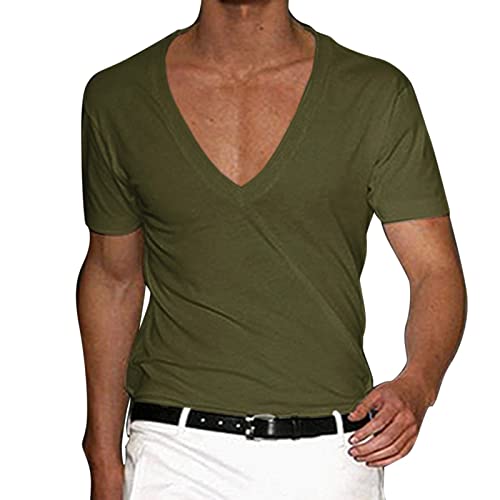 Sommer T-Shirt Herren Mit Extra Tiefem V-Ausschnitt Slimfit, Einfarbiges Sommerhemd Kurzarm Regular Fit M-3XL von Generic
