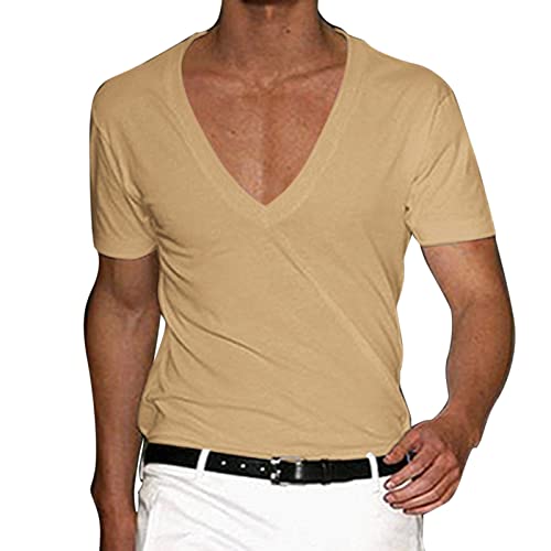 Sommer T-Shirt Herren Mit Extra Tiefem V-Ausschnitt Slimfit, Einfarbiges Sommerhemd Kurzarm Regular Fit M-3XL von Generic
