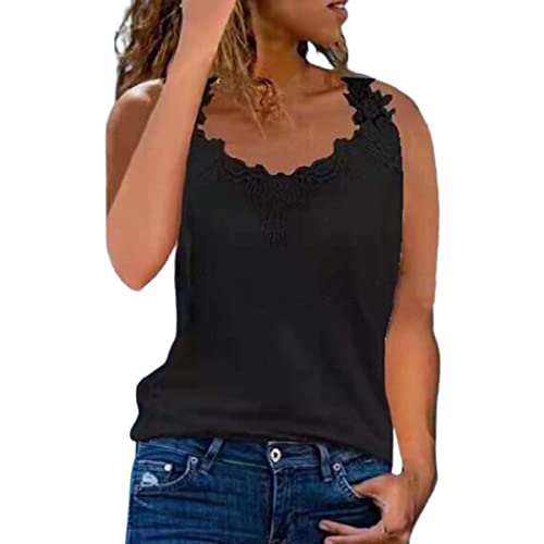 Sommer Tops Damen Locker, Tank Top Damen V-Ausschnitt Breite Träger Achselshirts Lockere Passform Damentop mit Spitzenbesatz Elegant Oberteile Einfarbig Bequem Bluse Ärmellos Weste von Generic