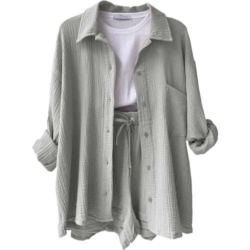 Sommer Zweiteiler Damen Travel Sets Oversize Shirt Damen Fashion Damen Kurze Clothes Hip Hop Outfit Mädchen Sport Outfit Damen Zweiteiler Damen Sportanzug Musselin Hose Damen（2-Light Gray,L von Generic