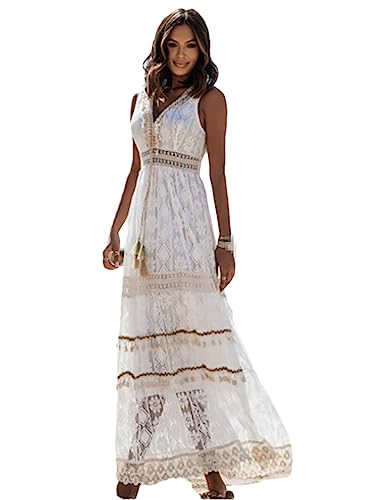 Sommer hohlen Kleid Volltonfarbe Spitze Stitching langen Rock Frauen ärmelloses Weste Kleid, weiß, Medium von Generic
