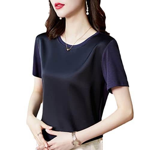 Sommer koreanische Seide T-Shirts für Frauen, Frauen Vintage Satin Tops, Kurzarm Loose Office Lady Shirts, dunkelblau, M von Generic