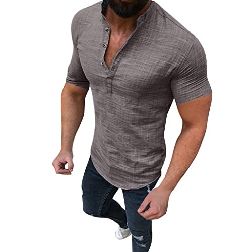 Sommerhemd Herren Kurzarm Baumwolle Leinenhemd Herren Hemd Stehkragen Hemd Weiss Herren Slim Fit Kurzarmhemden Herren Sommer Leinen Hemden Herren Leichter Stoff Schnell Trocknend Hawaii Hemden von Generic