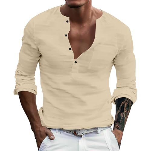 Sommerhemd Herren Langarm Leicht Und Luftig Bügelfrei Slim Fit Freizeithemd Sommershirt Regular Fit Lang Stehkragen Strandhemd Schwarz Einfarbig Baumwolle Herrenhemden Casual mit Tasche (Khaki, M) von Generic
