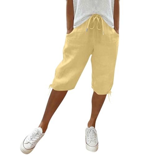 Sommerhose Damen,Leinenhose Damen,Bermuda Shorts Damen Freizeit Sport Sommerhose mit Taschen Leinenhose Stoffhose Lässig Elastische Taille Strandshorts,Gelb,3XL von Generic