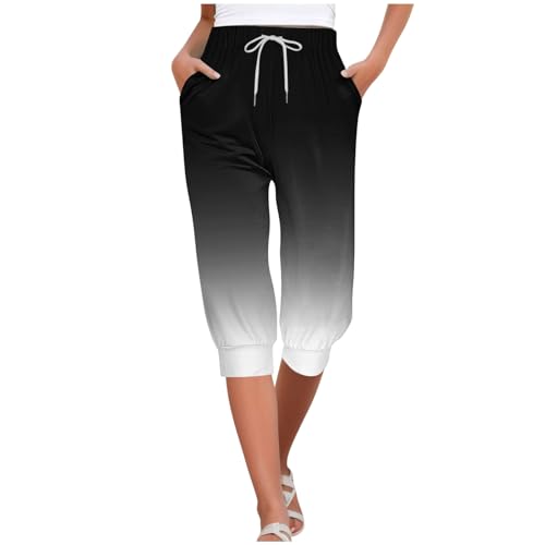 Sommerhose Damen Cargohosen Sommer Freizeit Lang Hose 3/4 Sporthose Damen Hohe Taille Loose Bequeme Luftige Kordelzug Freizeithose Casual Sport Leggings Mit Tasche Hoseeinfarbig Jogginghose von Generic