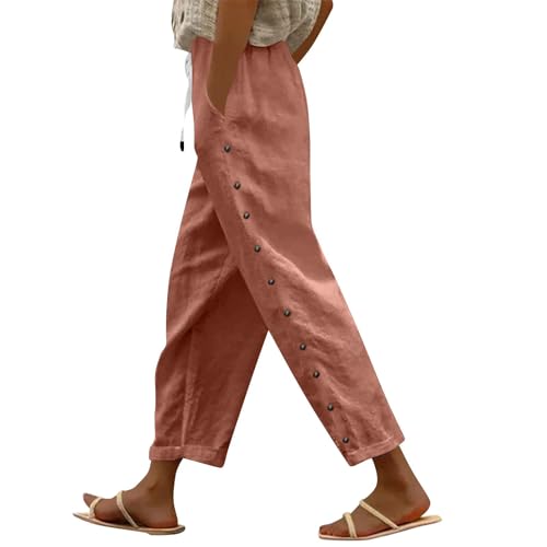 Sommerhose Damen Leicht,Leinenhose Damen 7/8,Leinenhosen Damen Sommer 2024 Gestreift Lässig Elastisch Hohe Taille Gerades Bein Locker Boho Trendy Hose mit Taschen,braun,L von Generic