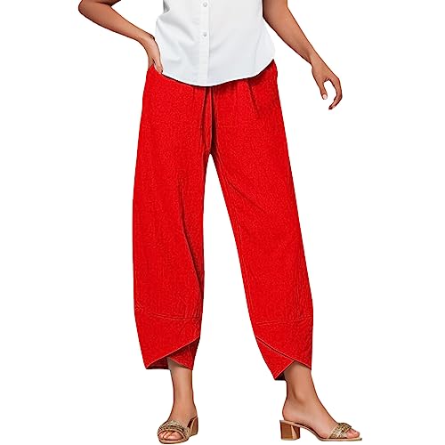 Sommerhose Damen Leicht 7/8 Hose Leinenhose Sommer Lang High Waist Casual Bequeme Baumwolle Stoffhose Musselin Hose Linen Pants Lockere Freizeithose Strandhose mit Taschen A3- Rot XXL von Generic