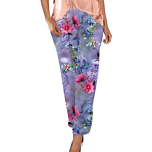 Sommerhose Damen Leicht Blumendruck Freizeithose Boho Strandhose Straight Bein Hosen Loose Haremshose Casual Bequeme Stoffhose Frauen Yogahose High Waist von Generic