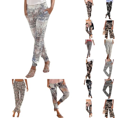 Sommerhose Damen Leicht Boho Strandhose Damen Lange Haremshose Schlupfhose mit Taschen Blumen Straight Bein Hose Freizeithose Damen Sommer Stoffhose Jogginghose von Generic