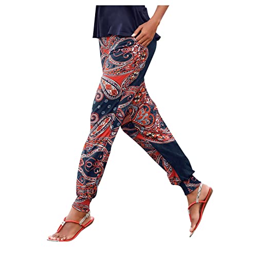 Sommerhose Damen Leicht Boho Strandhose Damen Lange Haremshose Schlupfhose mit Taschen Blumen Straight Bein Hose Freizeithose Damen Sommer Stoffhose Jogginghose von Generic