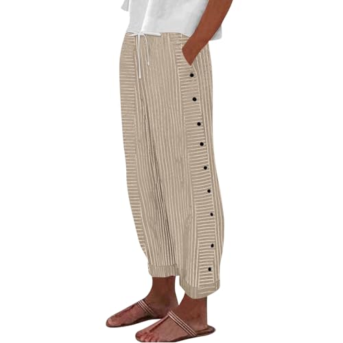Sommerhose Damen Leicht Dünne Leinenhose Lockere Luftig Sommerhosen Elegante 7/8 Hose High Waist Linen Pants mit Taschen Und Kordelzug,Beige,3XL von Generic