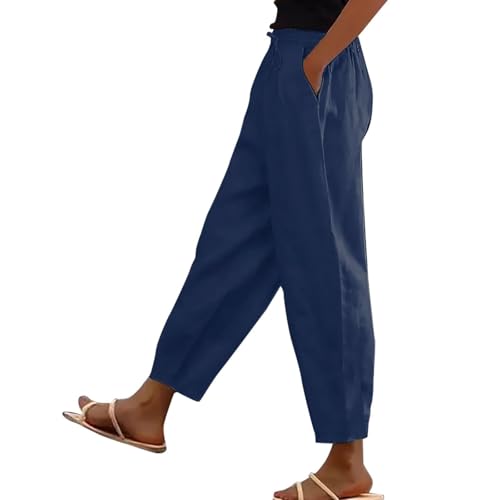 Sommerhose Damen Leicht Dünne Leinenhose Lockere Luftig Sommerhosen Elegante 7/8 Hose High Waist Linen Pants mit Taschen Und Kordelzug,Blau,L von Generic