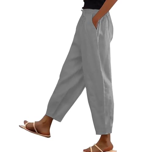 Sommerhose Damen Leicht Dünne Leinenhose Lockere Luftig Sommerhosen Elegante 7/8 Hose High Waist Linen Pants mit Taschen Und Kordelzug,Grau,L von Generic