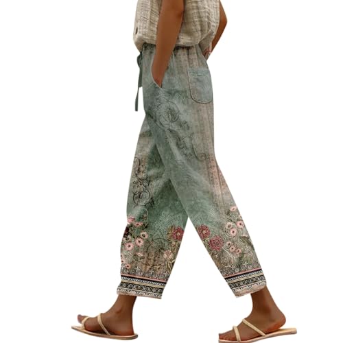 Sommerhose Damen Leicht Dünne Leinenhose Lockere Luftig Sommerhosen Elegante 7/8 Hose High Waist Linen Pants mit Taschen Und Kordelzug,Grün,L von Generic