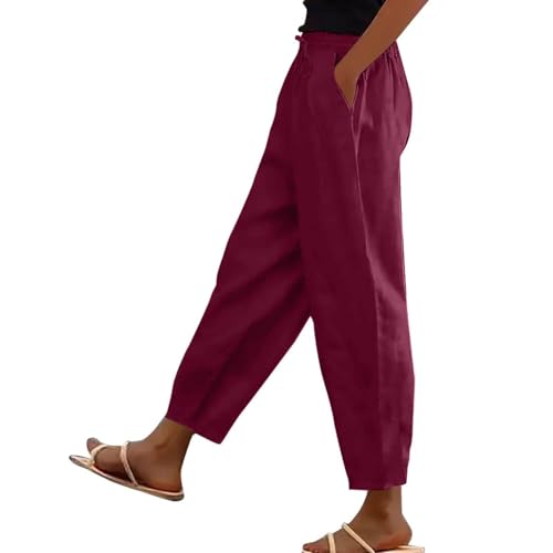 Sommerhose Damen Leicht Dünne Leinenhose Lockere Luftig Sommerhosen Elegante 7/8 Hose High Waist Linen Pants mit Taschen Und Kordelzug,Rot,5XL von Generic