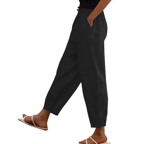 Sommerhose Damen Leicht Dünne Leinenhose Lockere Luftig Sommerhosen Elegante 7/8 Hose High Waist Linen Pants mit Taschen Und Kordelzug,Schwarz,L von Generic