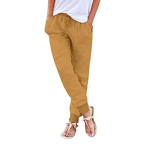 Sommerhose Damen Leicht Elegant Hose Damen Sommer Casual Baumwolle Leinen Stoffhose Einfarbig Freizeithose Stretch Leicht Leinenhose Straight Leg Hose und Taschen Cargohose Damen Baggy Leinenhose von Generic