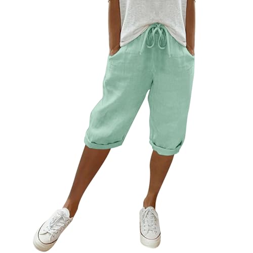 Sommerhose Damen Leicht Leinenhose Sommer Kurze Hosen Luftig Hohe Taille Caprihose Einfarbig Strandhose Stoffhose Pants (03 Grün, L) von Generic