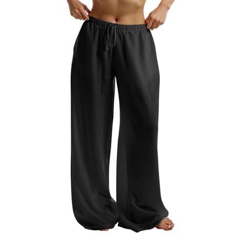 Sommerhose Damen Leicht Weite Beine - Freizeithose Lässige Einfarbig Musselin Hosen High Waist Strandhose Baumwolle Leinen Stoffhose Elastische Taille Palazzo Hose Mit Taschen Und Kordelzug von Generic