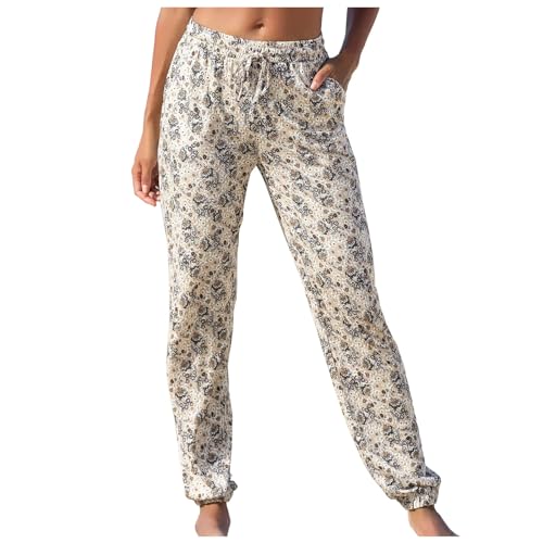 Sommerhose Damen Leichte Boho Strandhose Lange Freizeithose Baggy Straight Bein Hose Sommer Atmungsaktiv Haremshose Stoffhose mit Taschen High Waist Hosen Yogahose Jogginghose von Generic