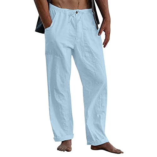 Sommerhose Herren Lang Baggy Leinen Weit Strandhose Haremshose Herrenhose Sommerhose mit Gummizug Weites Bein Chino Hose Freizeithose von Generic