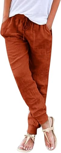 Sommerhosen Damen leicht und luftig Boho Einfarbig Freizeithose Stretch Leicht Leinenhose Straight Leg Casual Baumwolle Stoffhose Leinenhose Strandhose schwarz weiß Mit Taschen von Generic