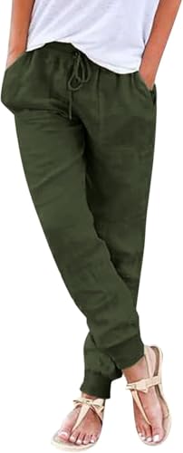 Sommerhosen Damen leicht und luftig Boho Einfarbig Freizeithose Stretch Leicht Leinenhose Straight Leg Casual Baumwolle Stoffhose Leinenhose Strandhose schwarz weiß Mit Taschen von Generic