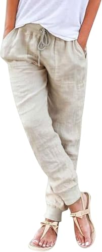 Sommerhosen Damen leicht und luftig Boho Einfarbig Freizeithose Stretch Leicht Leinenhose Straight Leg Casual Baumwolle Stoffhose Leinenhose Strandhose schwarz weiß Mit Taschen von Generic