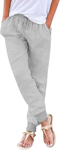 Sommerhosen Damen leicht und luftig Boho Einfarbig Freizeithose Stretch Leicht Leinenhose Straight Leg Casual Baumwolle Stoffhose Leinenhose Strandhose schwarz weiß Mit Taschen von Generic